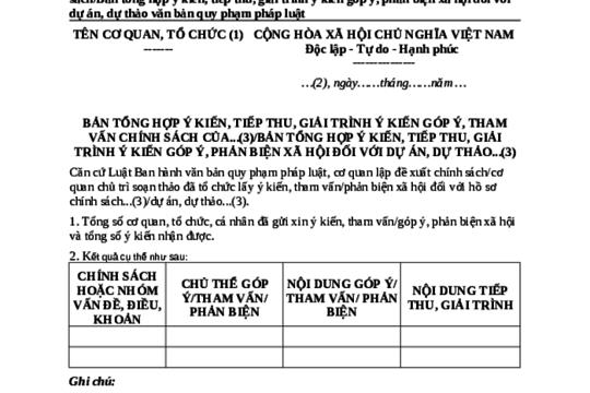 Bản tổng hợp ý kiến, tiếp tụ, giải trình ý kiến góp ý đối với dự thảo văn bản quy chế thực hiện dân chủ cơ sở trên địa bàn xã Sơn Giang