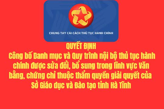 Công bố Danh mục và Quy trình nội bộ thủ tục hành chính được sửa đổi, bổ sung trong lĩnh vực Văn bằng, chứng chỉ thuộc thẩm quyền giải quyết của Sở Giáo dục và Đào tạo tỉnh Hà Tĩnh