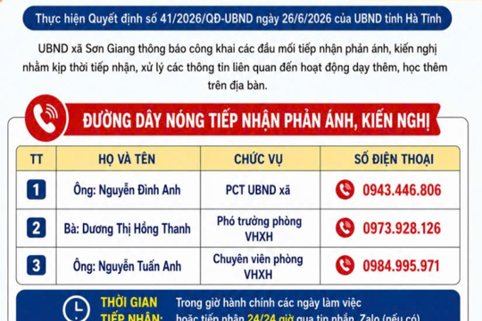 Thông báo Đường dây nóng tiếp nhận thông tin kiến nghị, phản ánh  về dạy thêm, học thêm trên địa bàn xã Sơn Giang